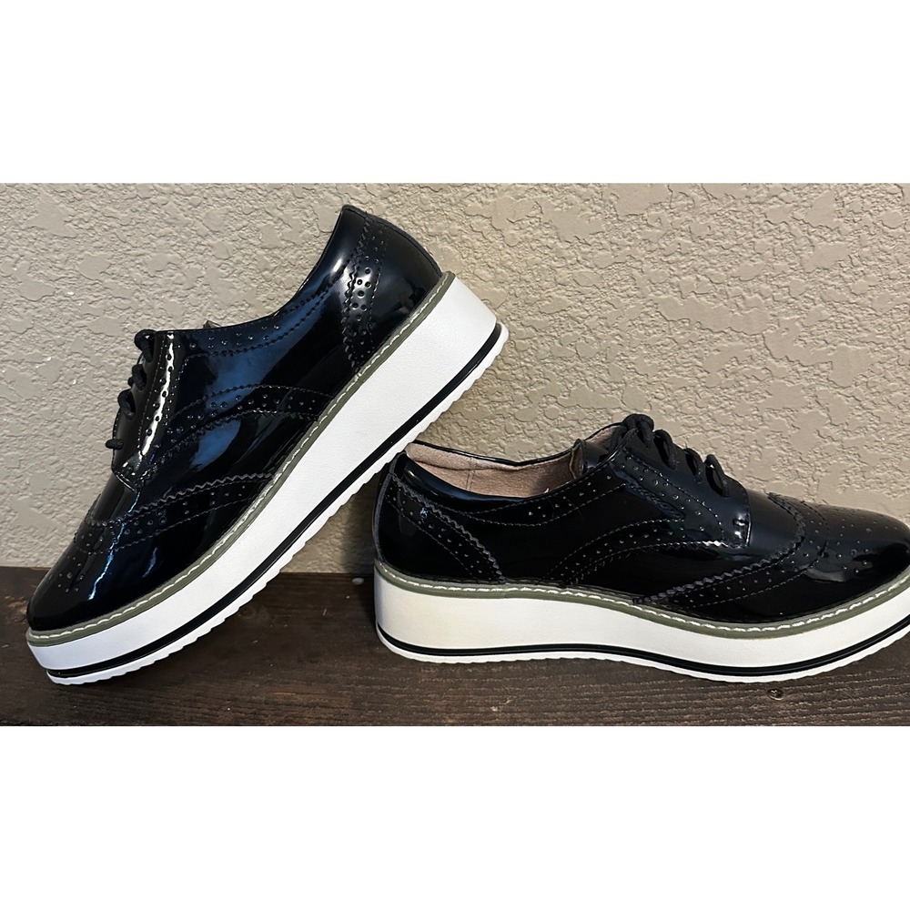 Dadawen Womens Black Patent Wingtip Platform Oxford Shoes Size 7 Brogue - Picture 10 of 15